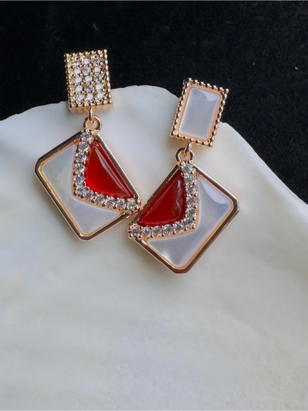 Gold-Tone Red and White Geometric Drop Earrings